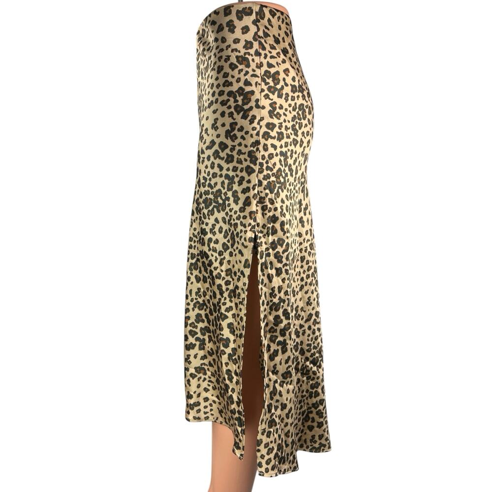 Abercrombie & Fitch Beige Black Silk Satin Leopard Slit Slip Midi Skirt Size XS - Picture 2 of 6